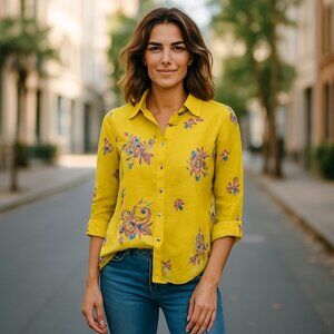 Fig and Flower Mustard Yellow Embroidered Boho Button-Up Blouse Festival  SZ  S